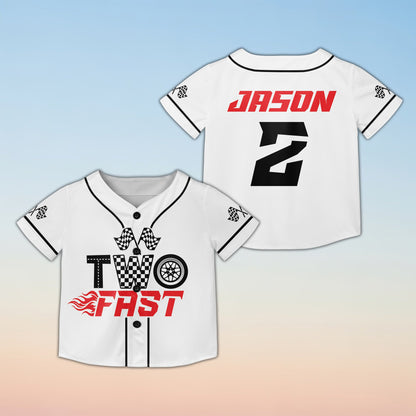 Personalized white racing baseball jersey with custom name and number, alternate front view