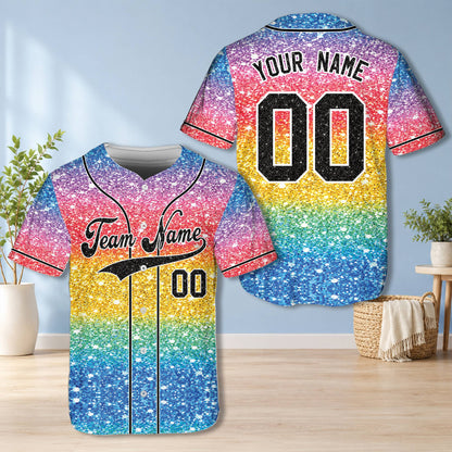 Personalized blue rainbow baseball jersey with custom name and number on a faux glitter background, front view