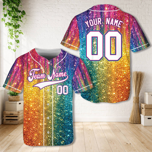 Front view of the multicolor rainbow glitter baseball jersey with custom name and number