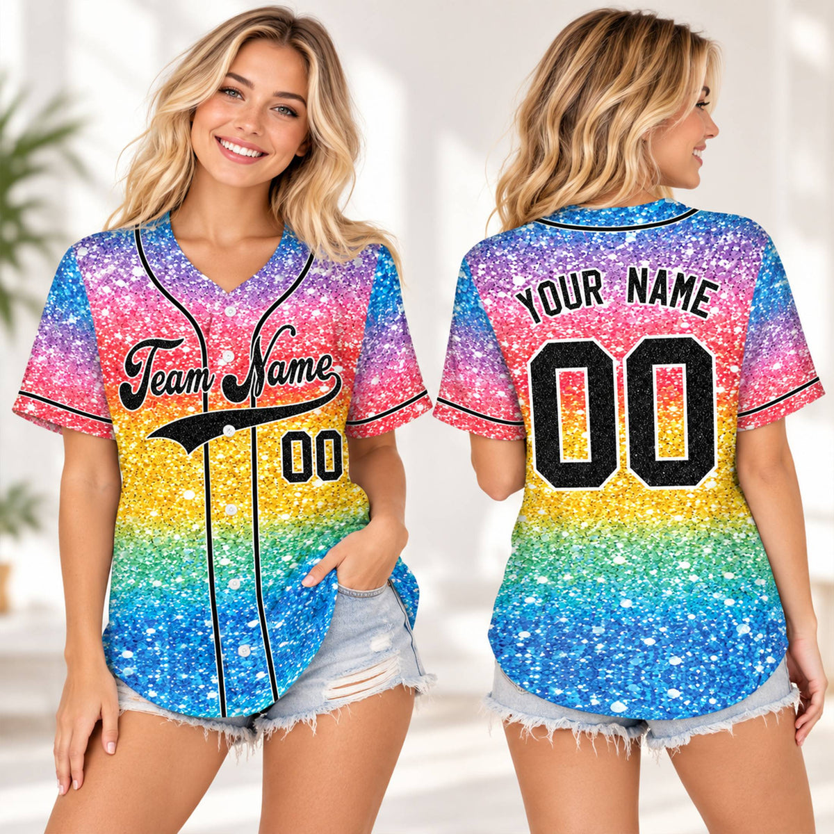 Adult wearing the personalized rainbow glitter custom baseball jersey outdoors