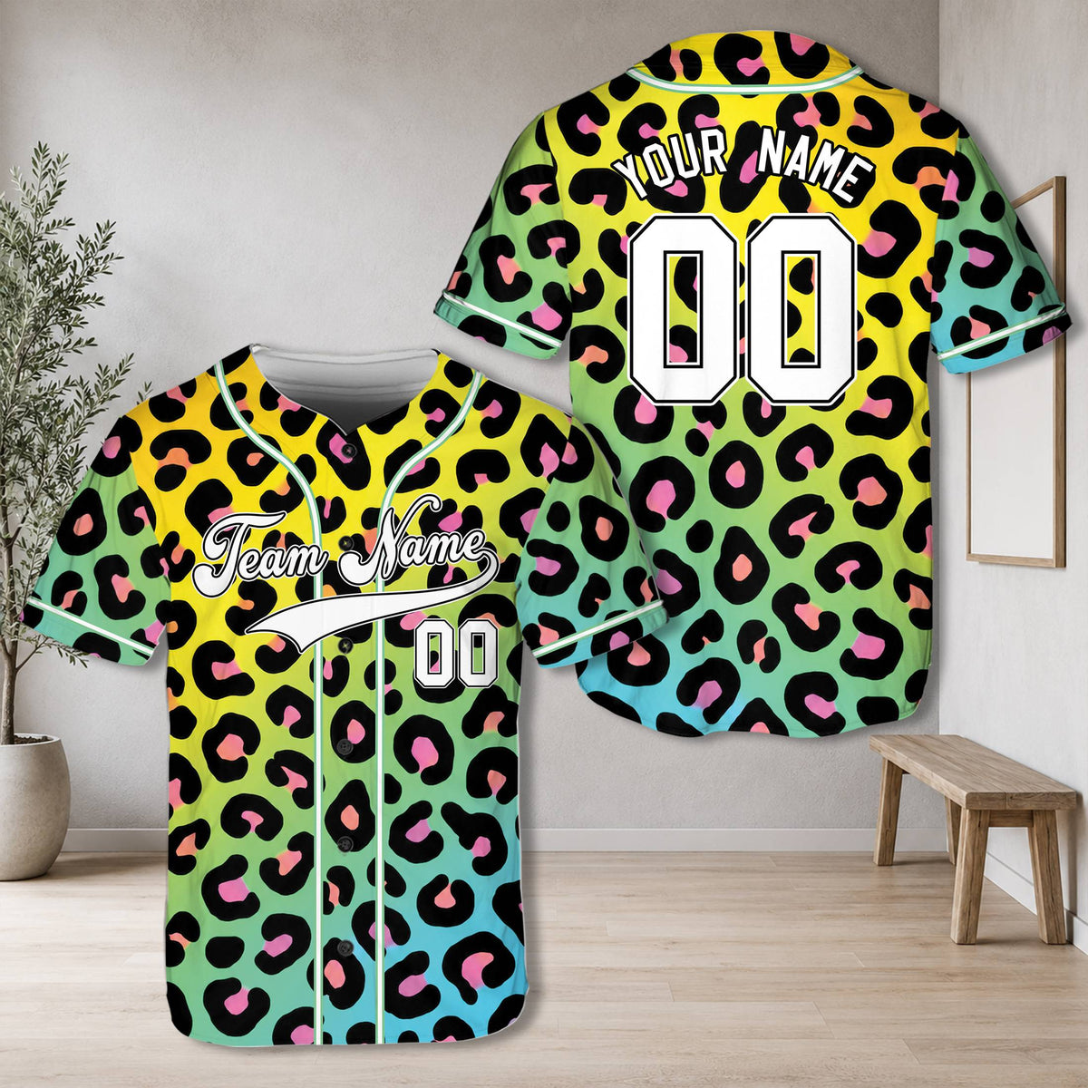 Close up of the vibrant rainbow gradient and black leopard pattern on the jersey