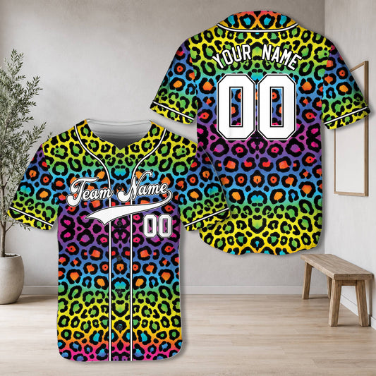 Personalized multicolor rainbow baseball jersey with custom name and number, front view