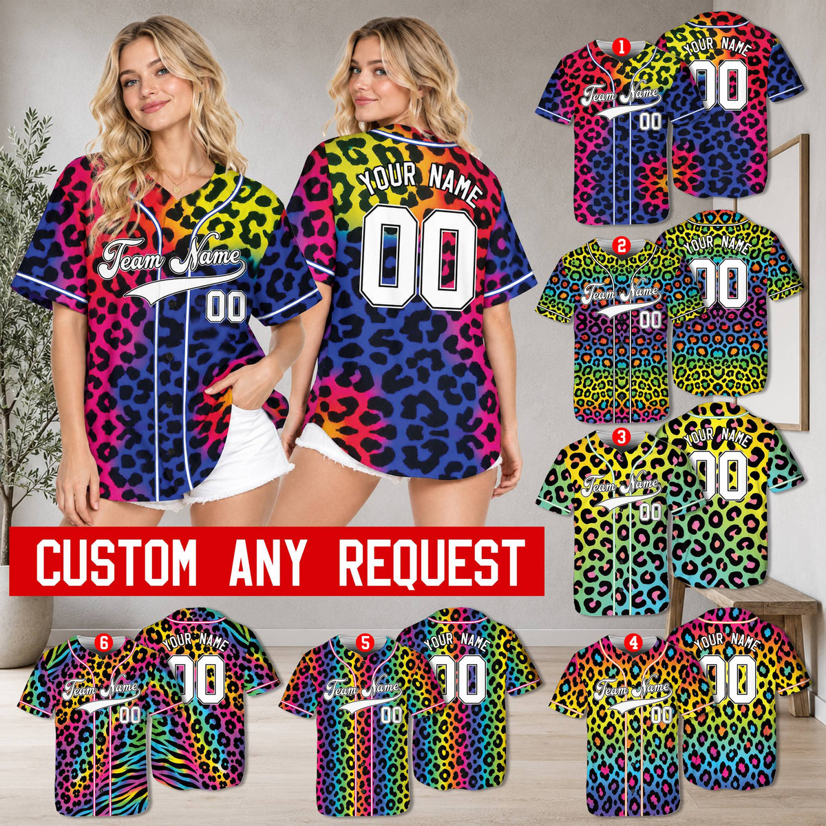 Full front view of the custom baseball jersey in multicolor leopard print