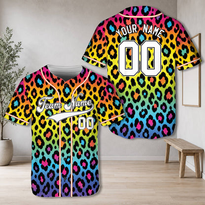 Button down front detail of the rainbow leopard print baseball jersey