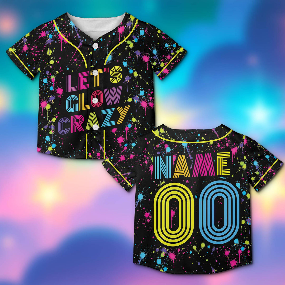 Custom retro baseball jersey with neon paint splatter design, front and back view