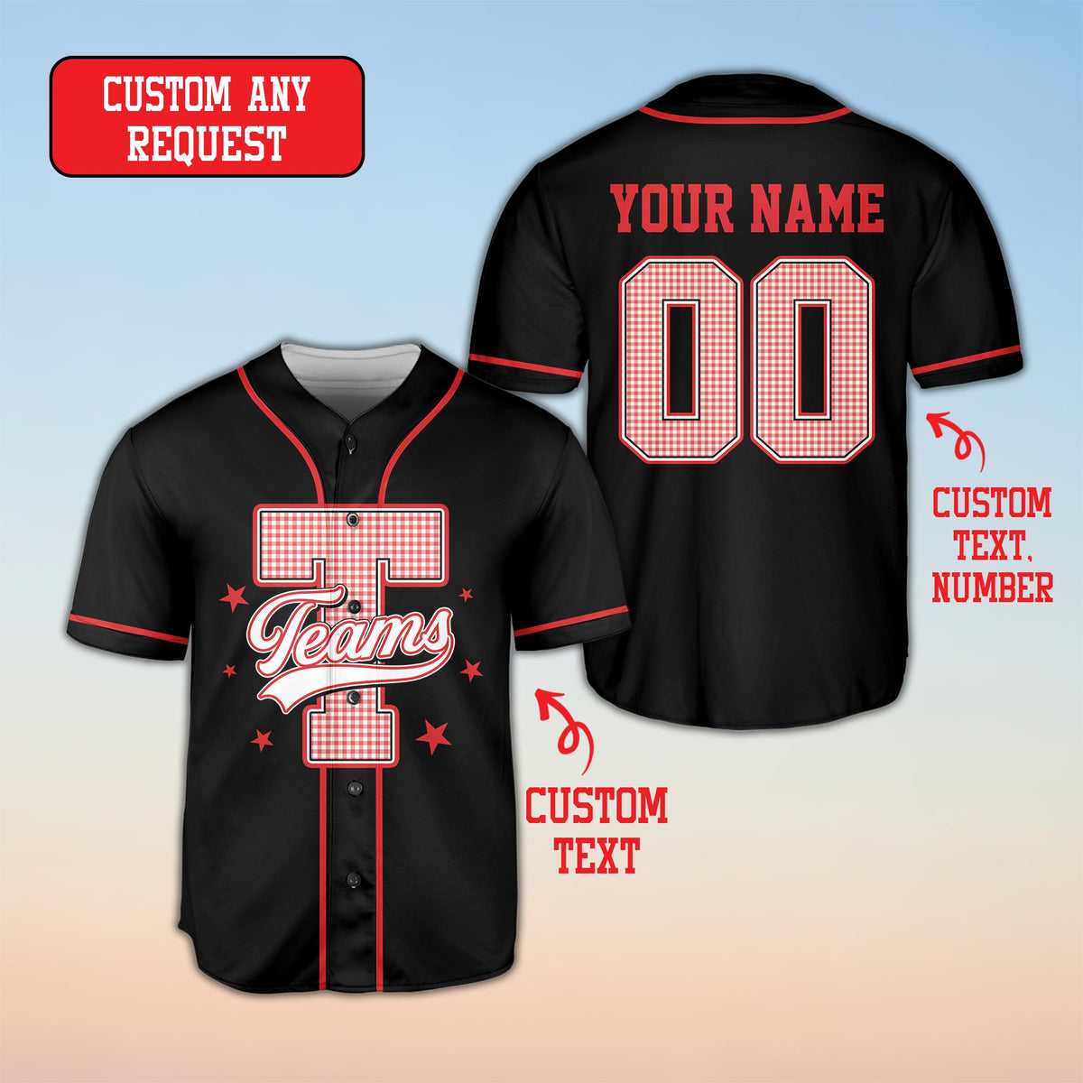 Front view of the personalized retro baseball jersey in black