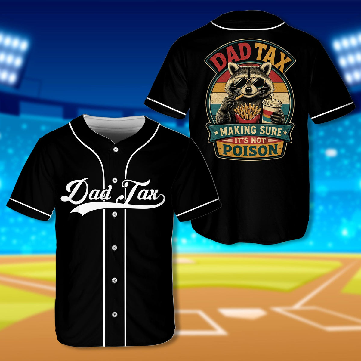 Retro baseball jersey with dad tax raccoon graphic, black front view