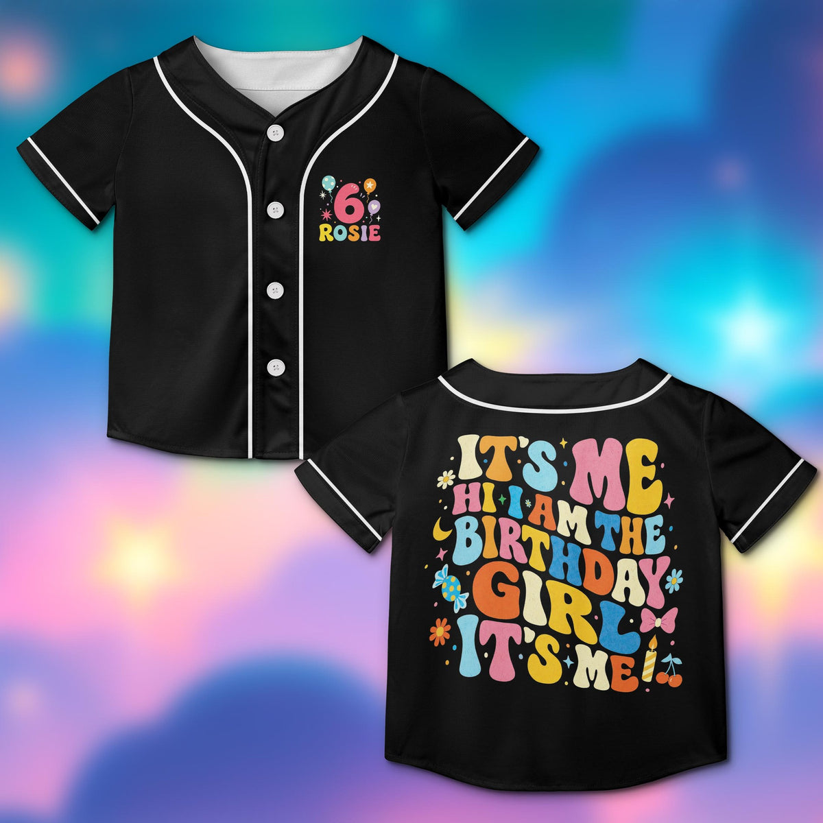 Personalized black retro baseball jersey with birthday design, front view