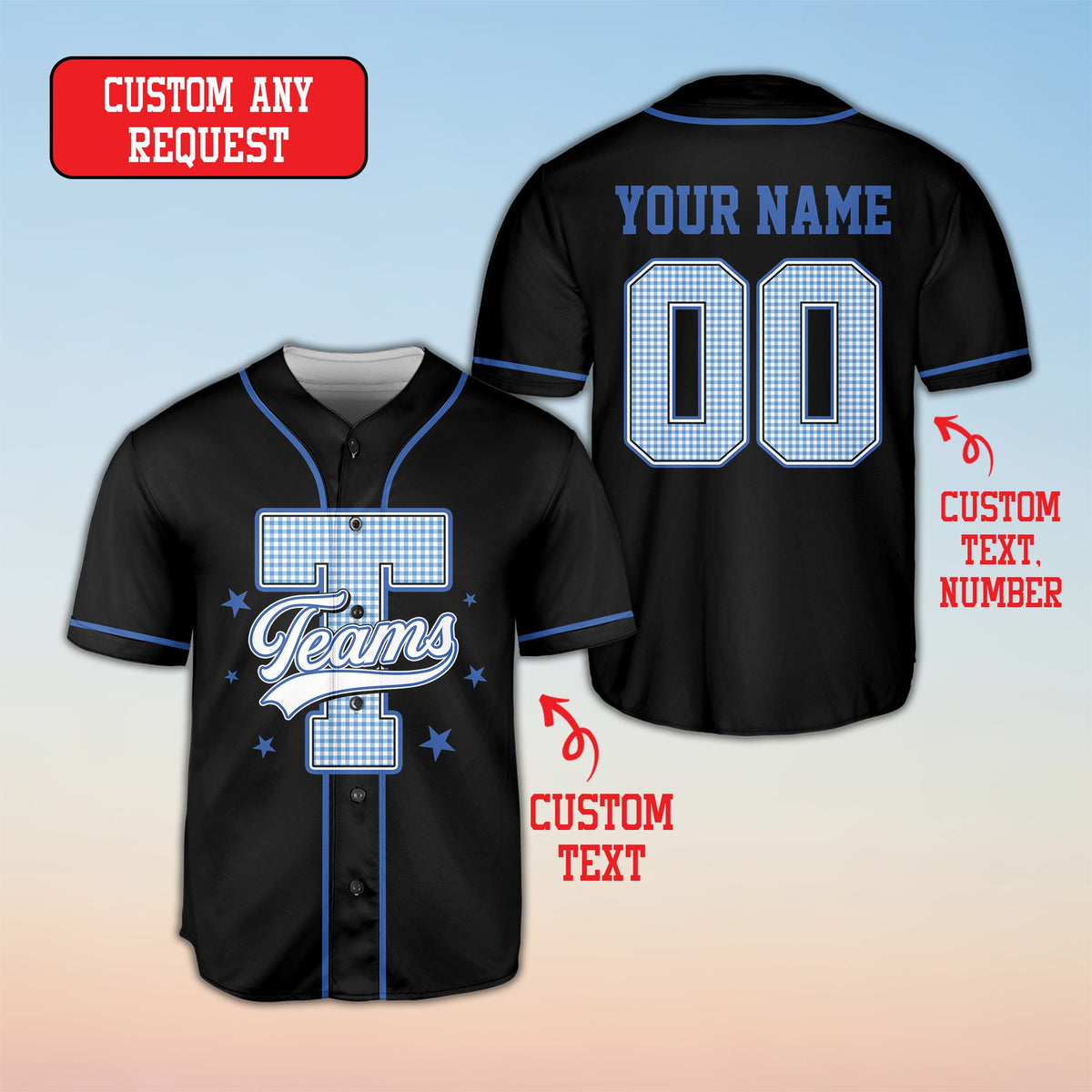 Angled front view of the personalized retro baseball jersey in black