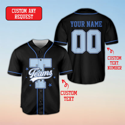Angled front view of the personalized retro baseball jersey in black