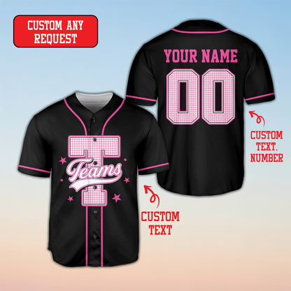 Close-up of the front design on the retro baseball jersey in black
