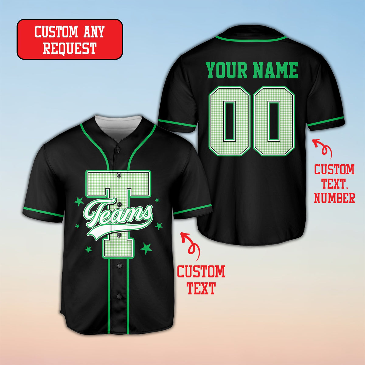 Back view of the personalized retro baseball jersey in black showing custom name and number