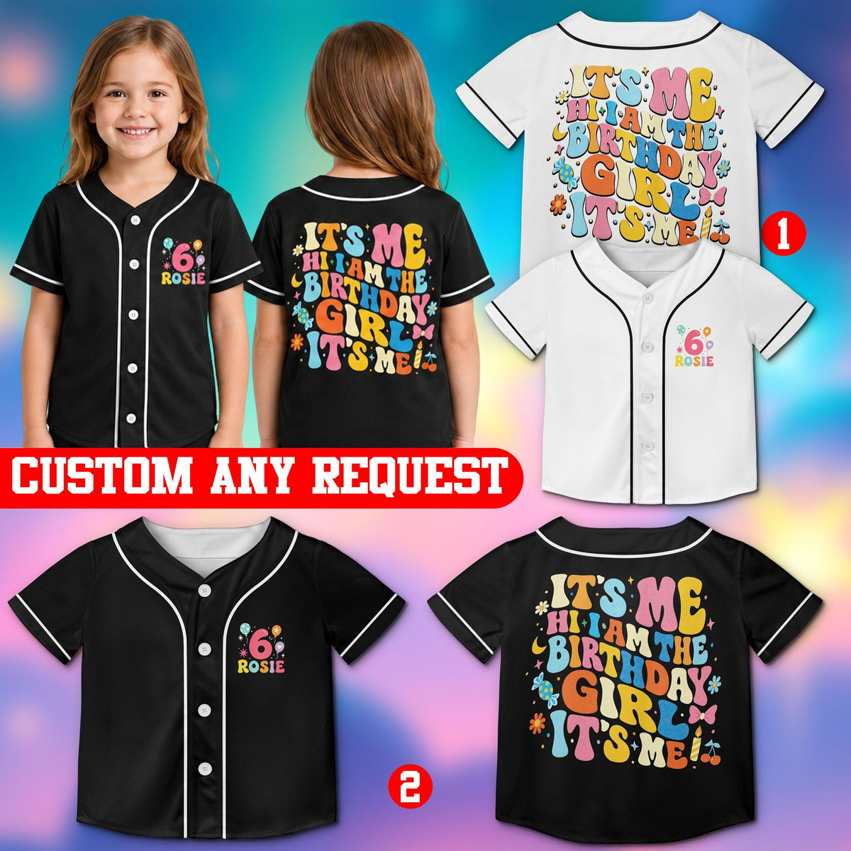 Personalized black retro baseball jersey featuring birthday girl typography, alternate view