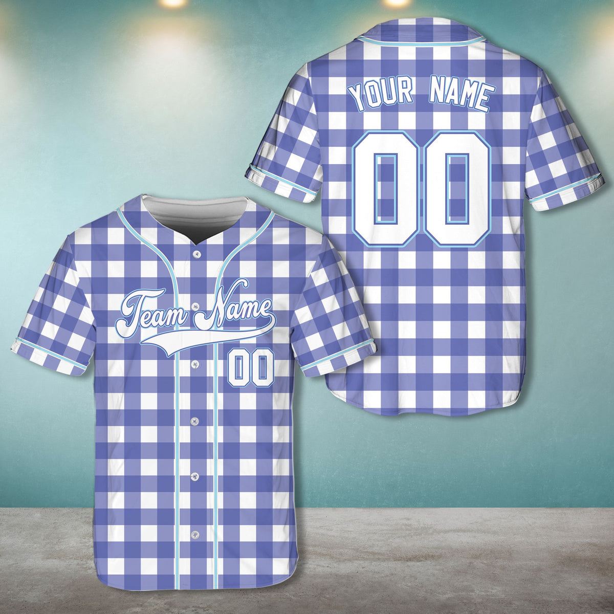Personalized retro baseball jersey in blue plaid, front view