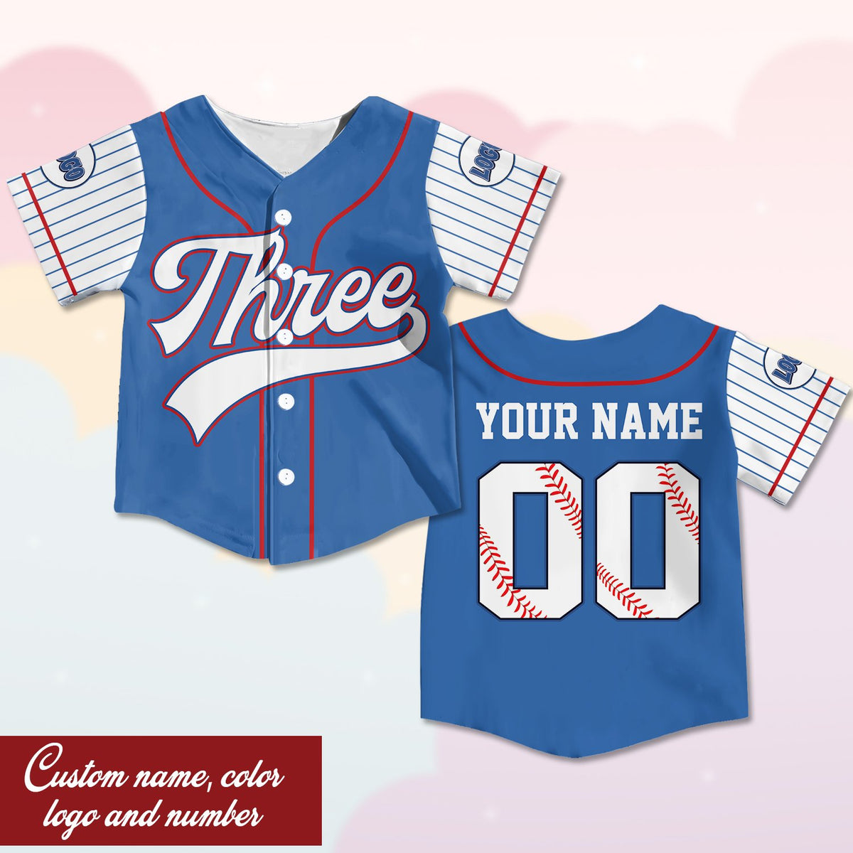 Custom name and number baseball jersey in blue, alternate front view