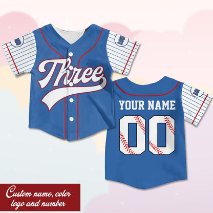Custom name and number baseball jersey in blue, alternate front view