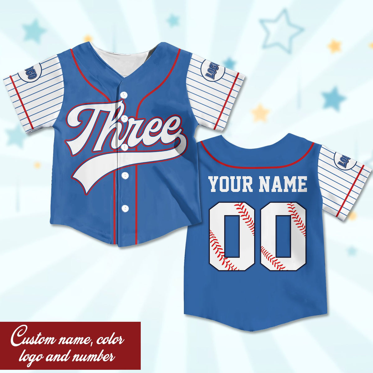 Personalized retro baseball jersey in blue, front view