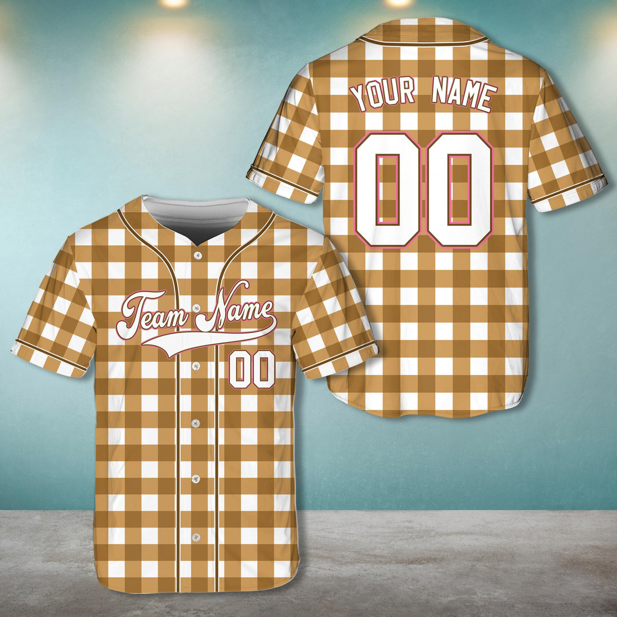 Personalized retro baseball jersey in brown plaid, front view