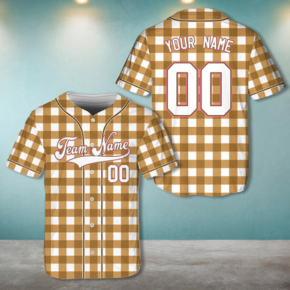 Personalized retro baseball jersey in brown plaid, front view