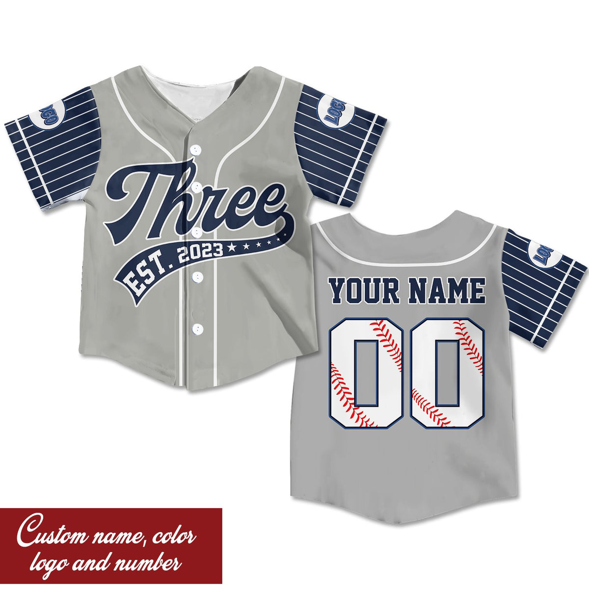 Personalized baseball jersey in gray with retro script design, front view