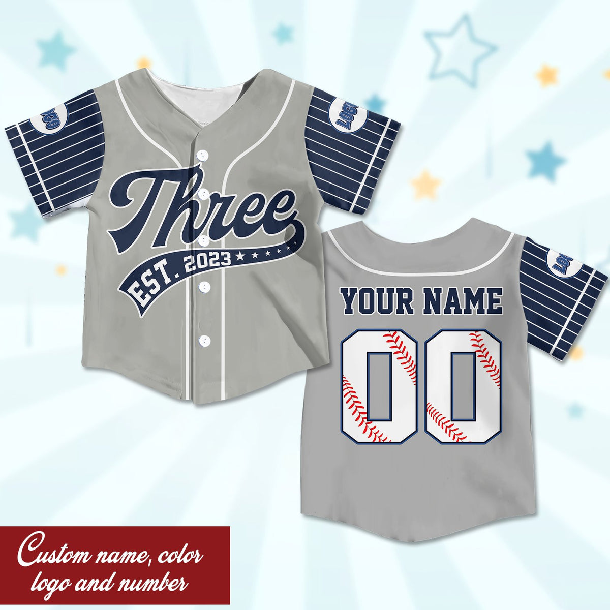Gray retro baseball jersey with sleeve stripes, front view