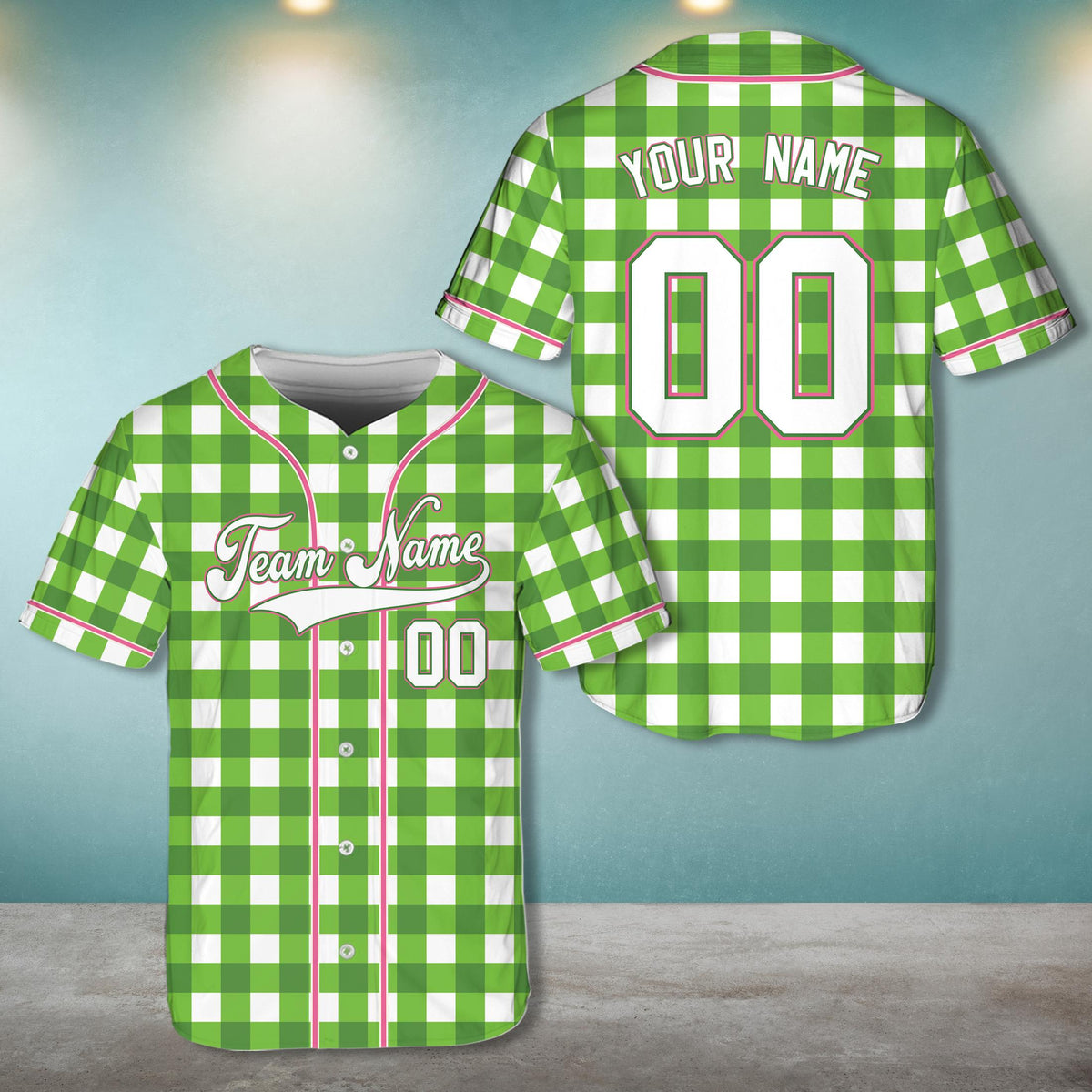 Personalized retro baseball jersey in green plaid, front view