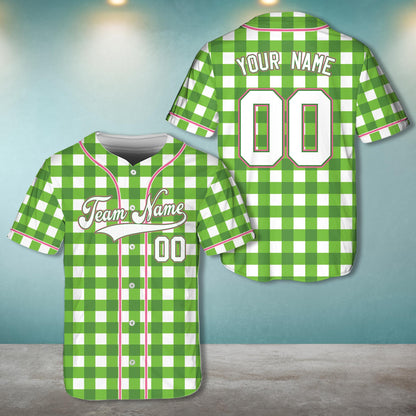 Personalized retro baseball jersey in green plaid, front view