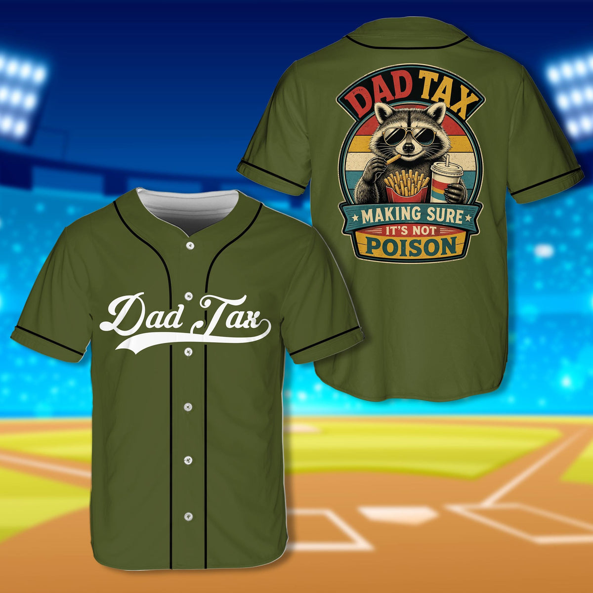 Retro baseball jersey with dad tax raccoon graphic, green front view