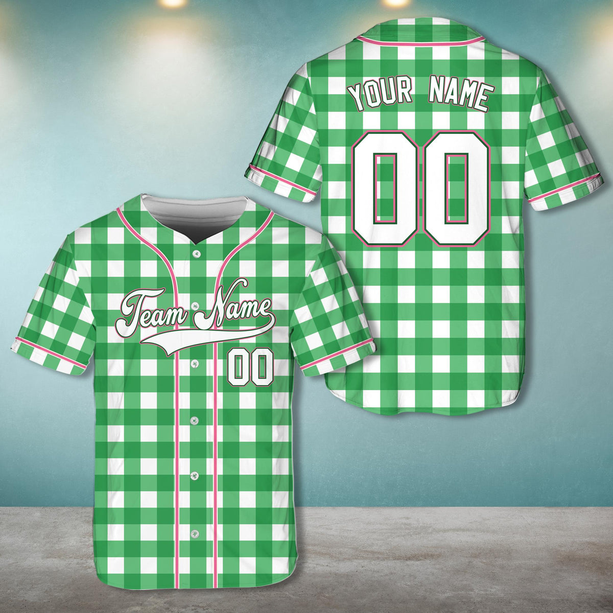 Personalized retro baseball jersey in light green plaid, front view