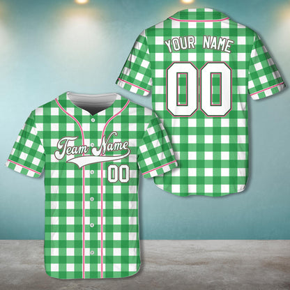 Personalized retro baseball jersey in light green plaid, front view