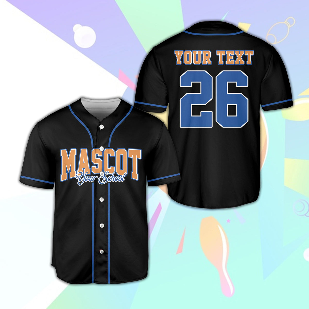 Black custom name and number baseball jersey, front view