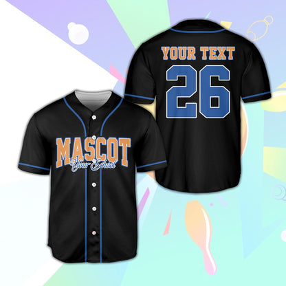 Black custom name and number baseball jersey, front view