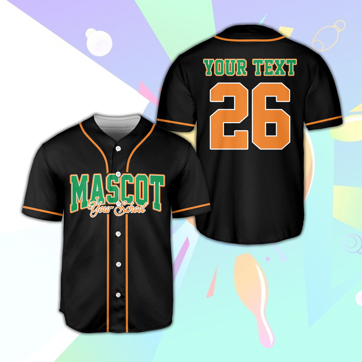 Black retro mascot baseball jersey, front view