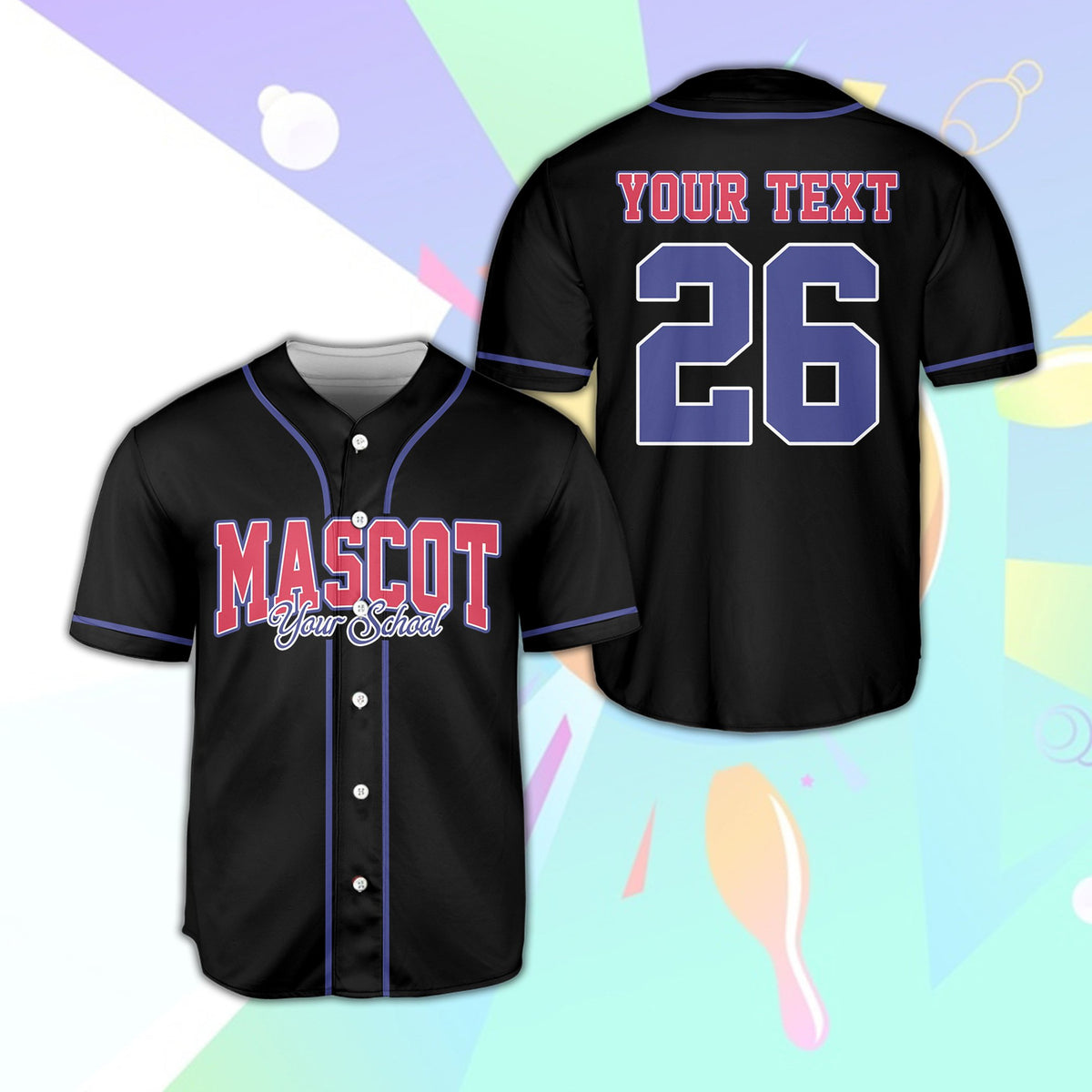 Black custom baseball jersey with retro text, front view