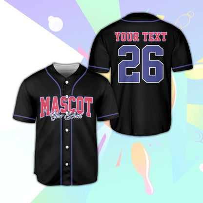 Black custom baseball jersey with retro text, front view