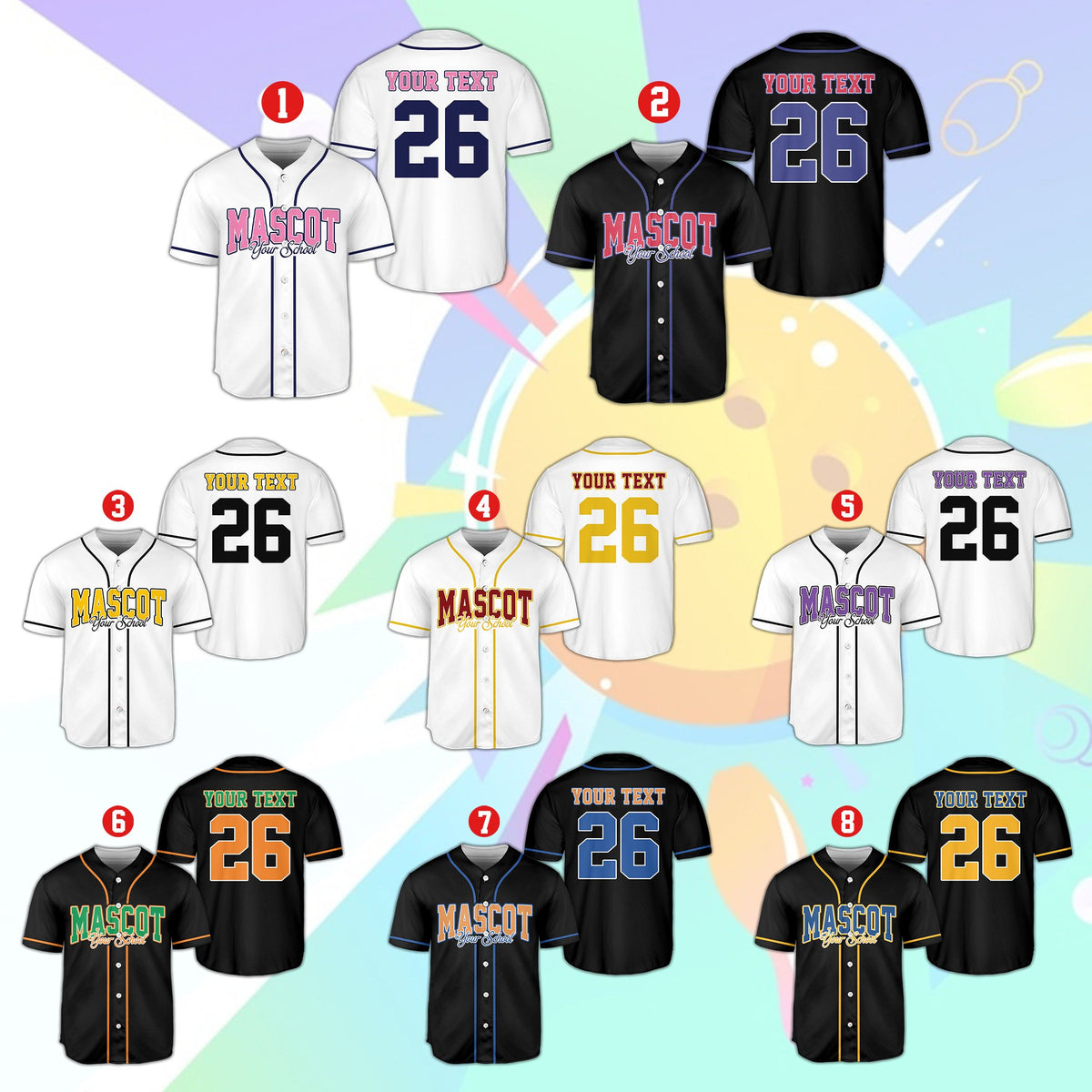 Multicolor personalized baseball jersey featuring retro mascot script, front view