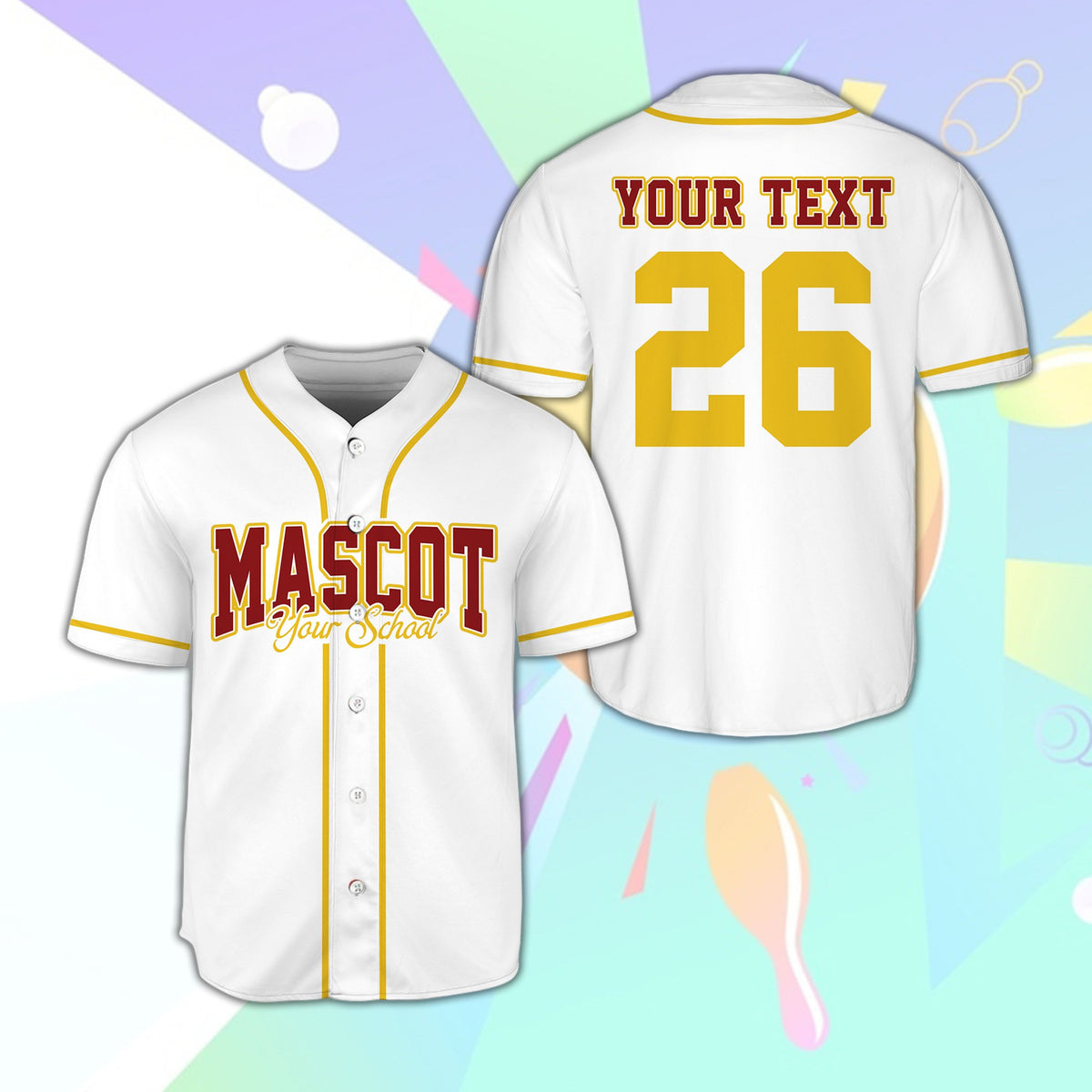 White retro mascot baseball jersey with custom team text, main view