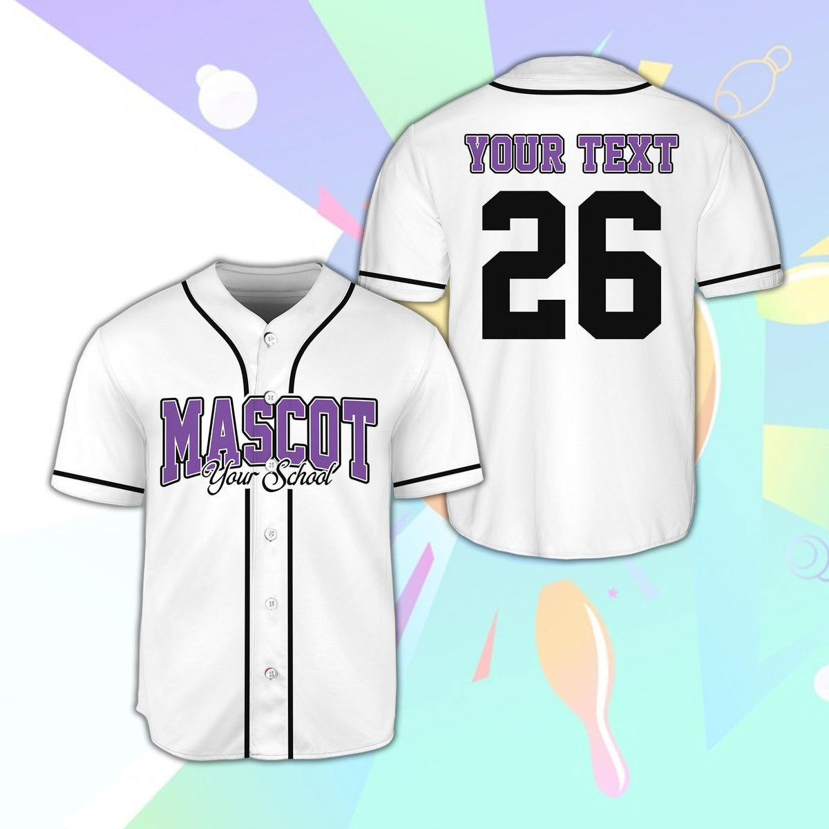 White custom baseball jersey showcasing vintage school design, front view