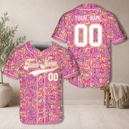 Front view of the personalized multicolor retro glitch baseball jersey