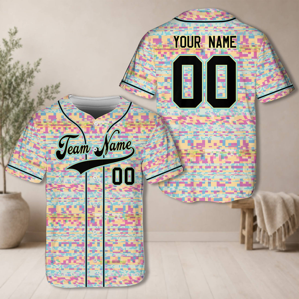 Front detail of the personalized multicolor pastel retro baseball jersey