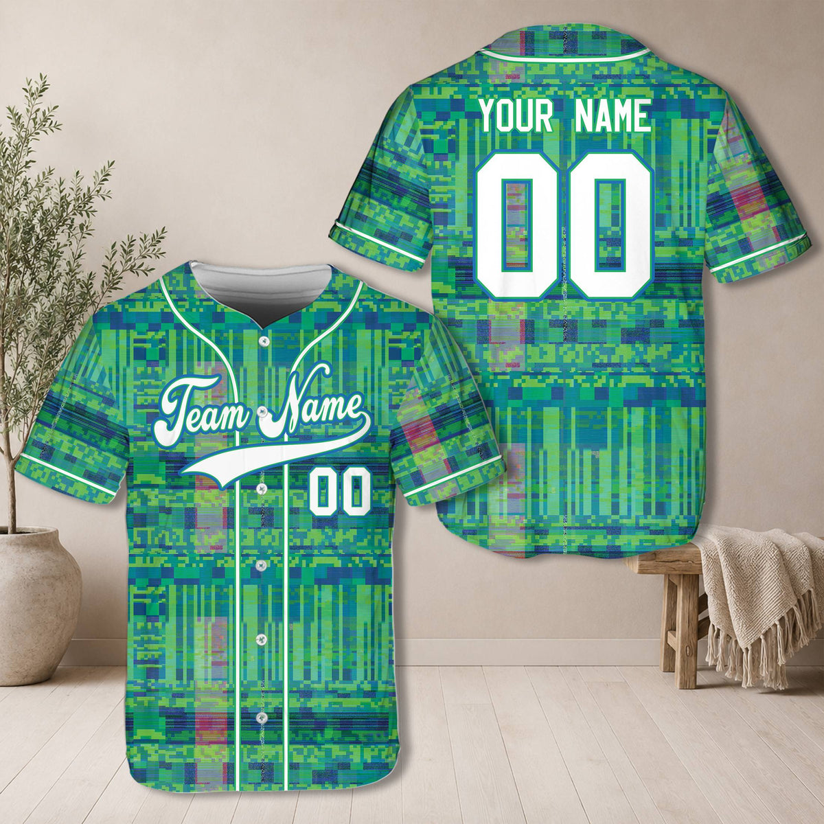 Detailed front view of the multicolor retro baseball jersey