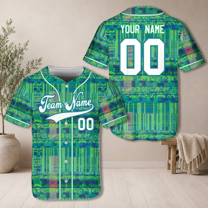 Detailed front view of the multicolor retro baseball jersey
