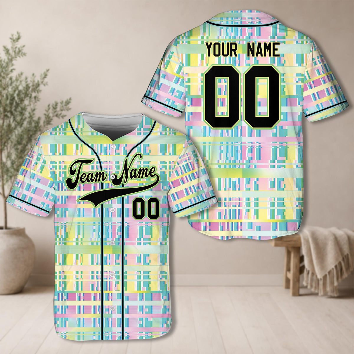 Close up front view of the abstract glitch retro baseball jersey