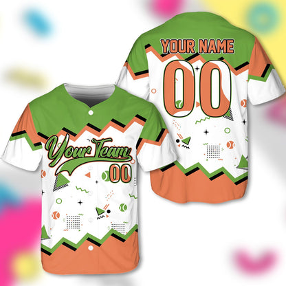 Close up front view of personalized retro baseball jersey showing the custom name placement and geometric baseball pattern