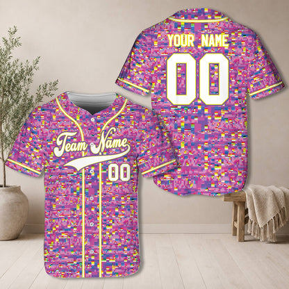 Close-up of the glitch pattern on the custom baseball jersey front