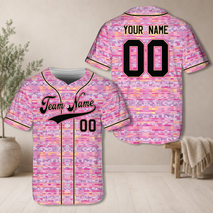 Full front view of the pastel multicolor baseball jersey