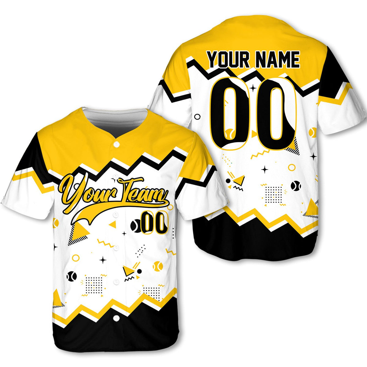 Front view highlighting the retro 90s Memphis style design on the personalized baseball jersey