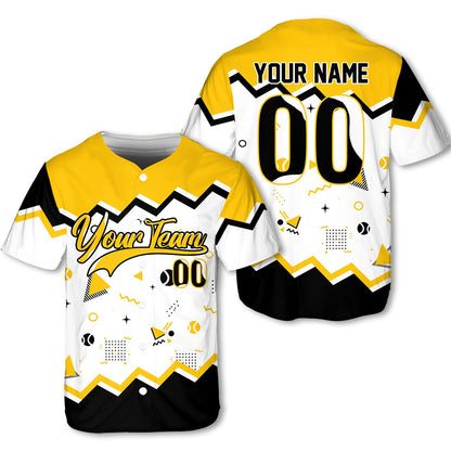 Front view highlighting the retro 90s Memphis style design on the personalized baseball jersey