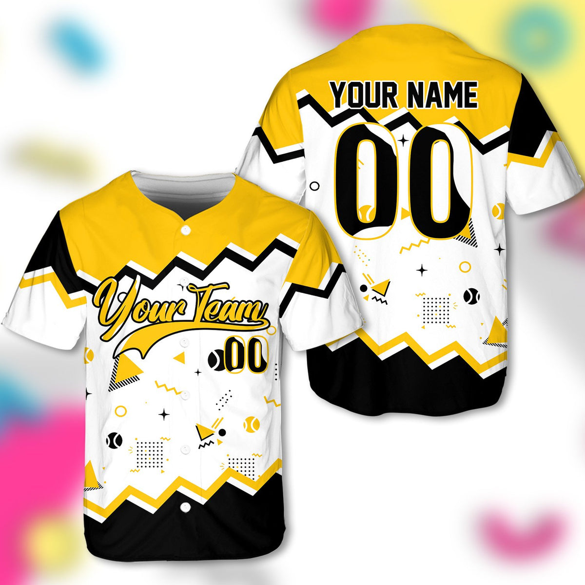 Detailed front view of personalized retro baseball jersey showing zig-zag color blocks at the shoulders and hem