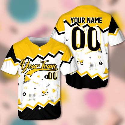 Front view of personalized retro baseball jersey showing full geometric layout on white background